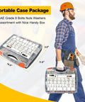 Portable case with SAE Grade 8 Bolt And Nut Kit With Washers, Beefy Heavy Duty Alloy Steel Hex Cap Screws, yellow zinc plated.