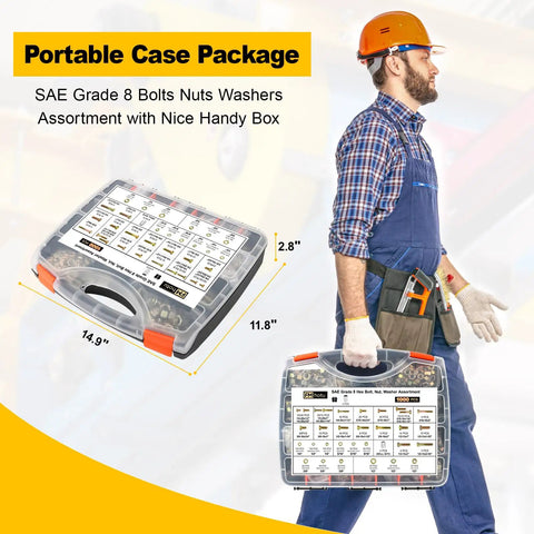 Portable case with SAE Grade 8 Bolt And Nut Kit With Washers, Beefy Heavy Duty Alloy Steel Hex Cap Screws, yellow zinc plated.
