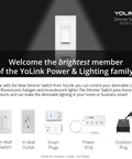 Brochure showing YoLink power and lighting products including dimmer switch, No Brainer Long Range Smart Power Strip With Four USB Ports And Four AC Outlets, and smart plugs.