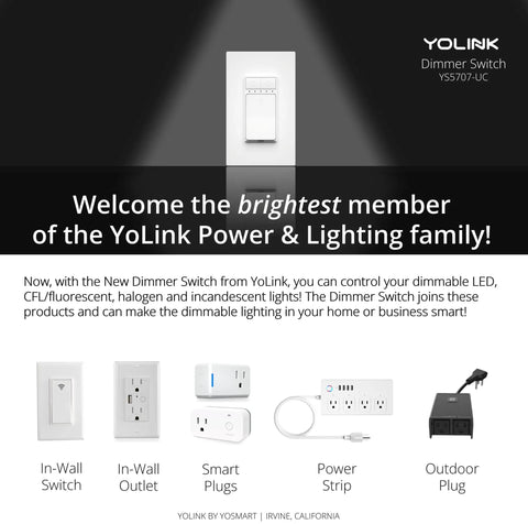 Brochure showing YoLink power and lighting products including dimmer switch, No Brainer Long Range Smart Power Strip With Four USB Ports And Four AC Outlets, and smart plugs.