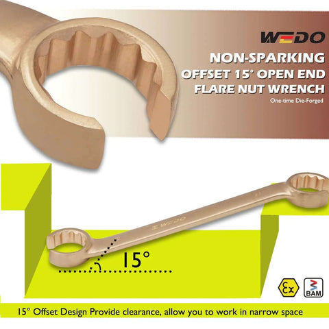 No-Spark Flare Nut Wrench 6x7mm Brake Line Wrench Metric, 95mm Length, Beryllium Copper, Non-Magnetic, 15 Degree Offset Head Tubing Wrench
