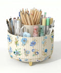 360 Degree Swivel Desk Organizer With Floral Compartments And DIY Stickers filled with pens, pencils, and small office supplies