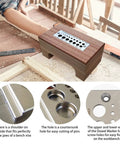 Premium A2 Steel Wood Dowel Plate Maker Made Of High Speed Steel For Dead Nuts Alignment On Hardwood Jobs on workbench.