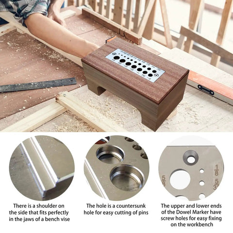 Premium A2 Steel Wood Dowel Plate Maker Made Of High Speed Steel For Dead Nuts Alignment On Hardwood Jobs on workbench.
