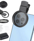 52mm Clip-On Circular Polarizer Filter for iPhone and Android attached to a smartphone, with accessories visible