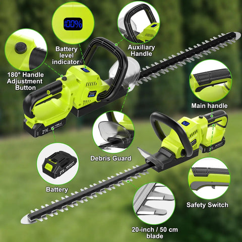 Powerful 21V Cordless Hedge Trimmer with 20 inch blade, battery, LCD display, rotating handle, dual action blades, safety switch details.
