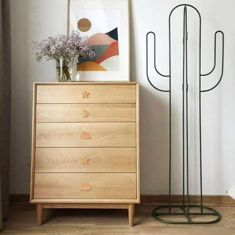 Totally Sweet Wooden Cabinet Knobs Moon Star And Cloud Shapes 6 Piece Set on modern wooden dresser with cactus stand.