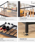 Close-up details of Do It All Kitchen Island With Power Outlet And Storage, featuring wine rack, adjustable feet, and S-shaped hooks.