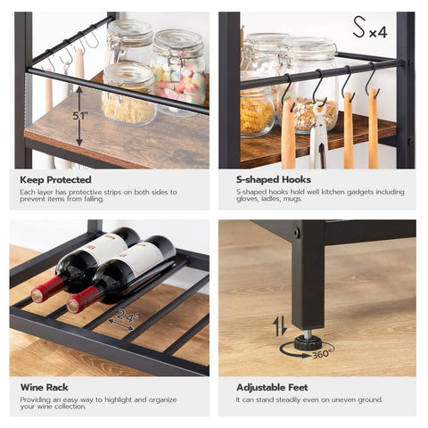 Close-up details of Do It All Kitchen Island With Power Outlet And Storage, featuring wine rack, adjustable feet, and S-shaped hooks.
