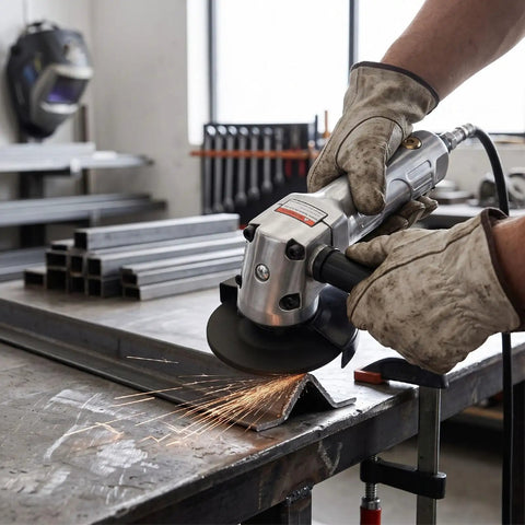 Battle Tested 4 Inch Pneumatic Angle Grinder Spits Out 11000 Rpm cutting metal with sparks flying, ergonomic grip in workshop.