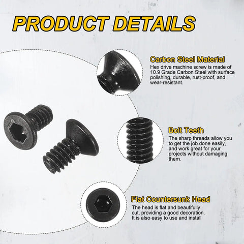 Top Shelf M2x4 Flat Head Socket Cap Screws 100 Pack Heavy Duty Carbon Steel Hex Drive Machine Bolts Grade 10.9 with flat countersunk head.