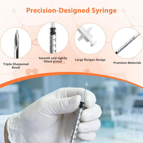 1ml U-100 Syringe With Needle 31G 5/16 Inch 8mm Pack of 30 Sterile, Individually Wrapped, LeakProof for Precise Dosing and Tiny Dose Injections, Great for Home Health Care and Medical Labs, close-up of syringe needle and gloved hand