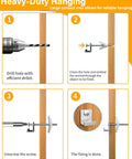 Installation steps for Heavy Duty Toggle Bolts For Drywall Hollow Wall Anchors Kit 30Pcs Set, showcasing drilling and anchoring.