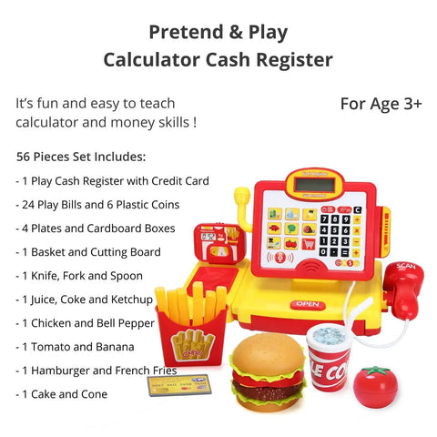 Pretend Play Cash Register Toy With Barcode Scanner Calculator Microphone Play Food And Supermarket Checkout Gear For Kids