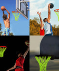 Collage of players using Glow In The Dark Night Basketball Net For Outdoor Hoops, Solar Powered Luminous Nylon Net Fits 21 Inch Rims.