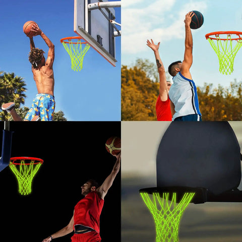 Collage of players using Glow In The Dark Night Basketball Net For Outdoor Hoops, Solar Powered Luminous Nylon Net Fits 21 Inch Rims.