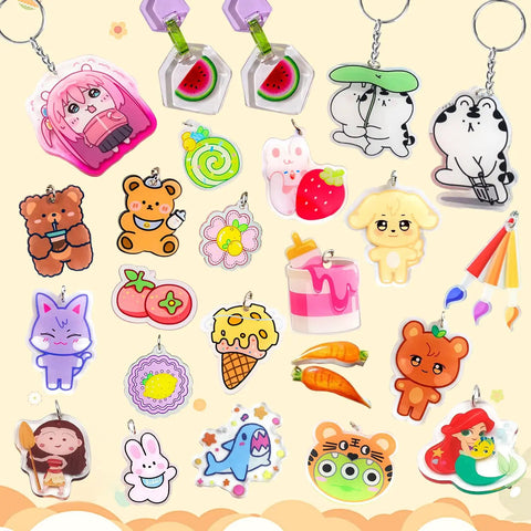 Colorful keychains made from DIY Shrink Plastic Keychain Kit With 140 Pieces Shrink Sheets And 120 Accessories, cartoon designs