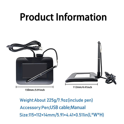 Plug And Play Electronic Signature Tablet Featuring Color Backlit LCD Screen Smooth Stylus Pen displayed with USB cable and pen.