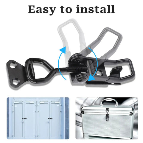 Beefy 300 Lb Heavy Duty Toggle Clamp Set With Quick Release Pull Latch in black iron for doors and boxes, easy to install graphic.