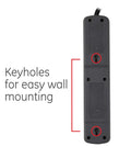 Back view of Surge Protector Power Strip With Six Outlets Eight Foot Extension Cord 1300 Joules Of Surge Protection, showing keyholes for mounting.