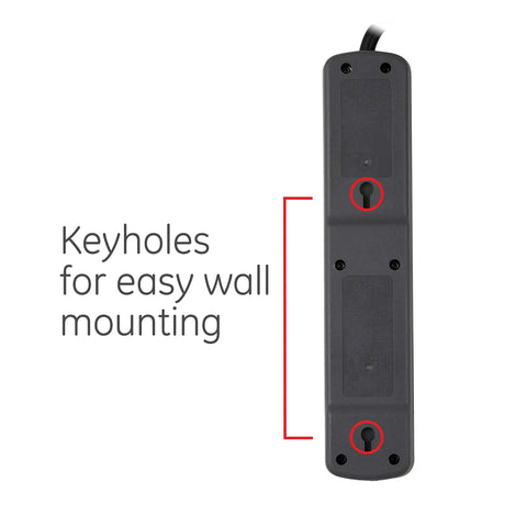 Back view of Surge Protector Power Strip With Six Outlets Eight Foot Extension Cord 1300 Joules Of Surge Protection, showing keyholes for mounting.