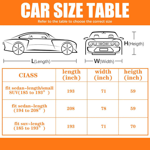 Size chart for All Weather Car Cover For Sedans, Waterproof And Windproof, UV Sun Protection, Scratch-Resistant Outdoor Universal Fit.