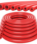 Six Piece Red Silicone Vacuum Hose Kit Covers 1/8 To 3/8 Inch For Cars And Engines Perfect For Your Garage Setup To Fix Water Or Air Lines Smoothly. red silicone hose set, coiled and cut ends shown