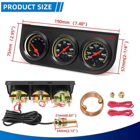 MH 2-inch triple gauge set: oil pressure 0-150 PSI, water temp 100-280°F, voltmeter on black panel with wiring kit