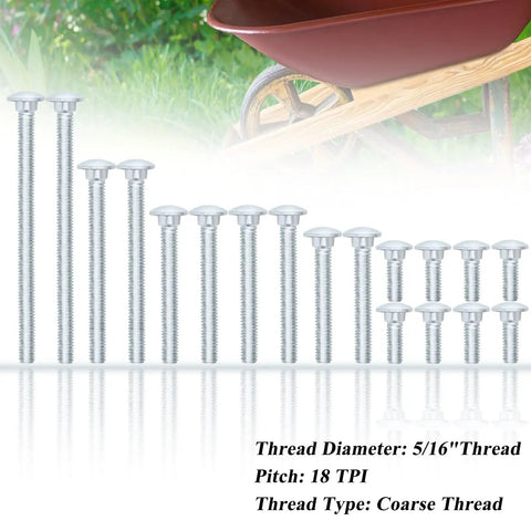 Built Tough As Nails Wheelbarrow Handle Nut And Bolt Replacement Kit Packing 18 Piece Carbon Steel Galvanized Carriage Bolts displayed in a row with varying lengths.