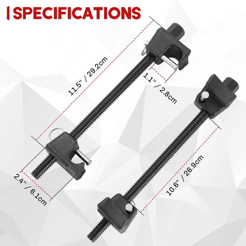 MacPherson Strut Spring Compressor Tool Kit specifications, 11.5 inch range, heat treated carbon steel, locking pins visible
