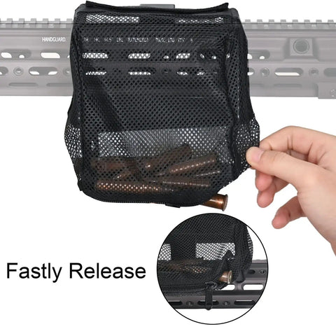 Brass Catcher With Quick Release Picatinny Mount For AR 15 Rifle Range Shooting, showing zippered mesh shell holding brass