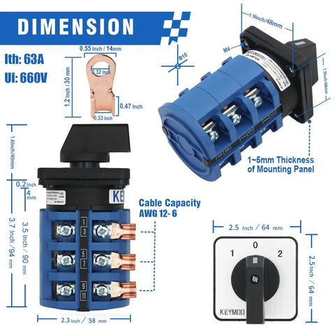 Dimensions of 63A Rotary Change Over Switch With Copper Cable Connector 660V Three Position Three Phase Cam Switch