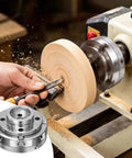 Go To 4 Inch Wood Lathe Chuck With 4 Jaw Self Centering Wood Turning Set in use, showing wood turning on lathe machine