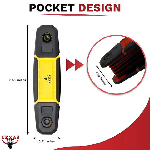 Folding Hex Key Set With Metric And SAE Allen Wrenches, Heat Treated S2 Finish, Compact 2 Pack, Black, pocket design dimensions.