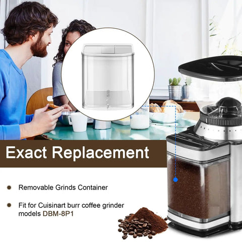 Drop-In Grind Chamber With Lid Replacement For Burr Coffee Grinder Model DBM-8P1, Fits Part DBM-8GC shown with coffee grinder setup