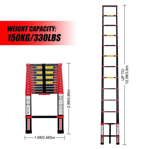 Beefy Heavy Duty Aluminum Telescoping Ladder Twelve And A Half Foot Extension Folding Multipurpose Ladder For Roofing Outdoor Home Use 330 Lb Capacity Portable Space Saver Red