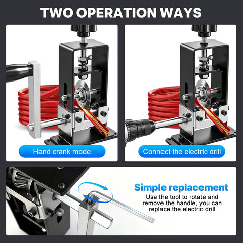 Dual Operation Wire Stripper Machine With Hand Crank And Drill Drive For Scrap Copper Cable Recycling showing hand crank and drill options.