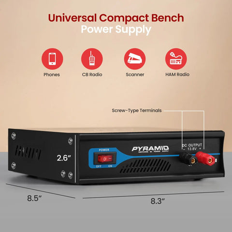 Powerful Bench Power Supply For Home Lab 30 Amp Regulated AC To DC Converter With 13.8 Volt DC Output, side view with terminals
