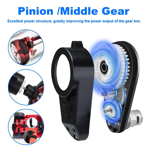 Turbocharged 24V Ride On Upgrade Gearbox Kit With 50000 RPM Motor 12mm Shaft Steel Gears For Power Wheels And Other Kids Ride On Cars 18V To 24V Performance Boost, showing side view with steel gears and connections.
