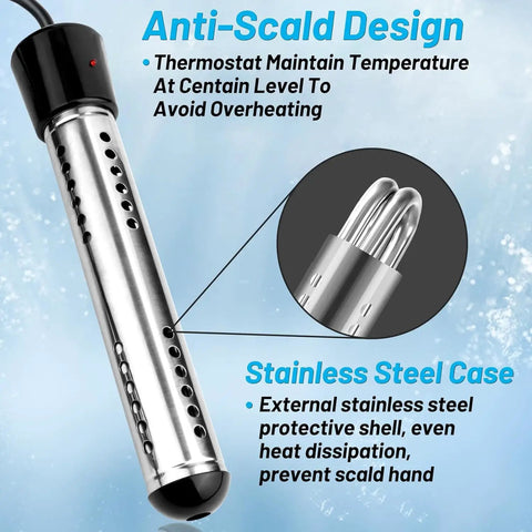 2000W Immersion Water Heater Portable Electric Submersible Bucket Heater With 304 Stainless Steel Guard And LCD Thermometer