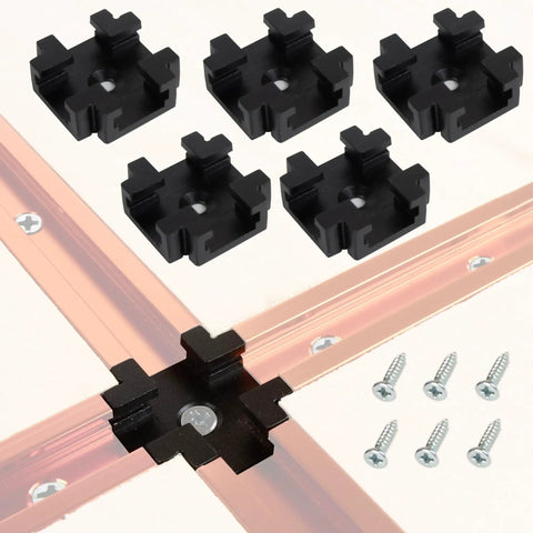 Six Pack Aluminum T Track Intersection Kit For 3/4 Inch By 3/8 Inch Universal Double Cut T Track With Solid T Slot Conjunctions Cross Connectors And Mounting Screws For Woodworking Tables And Jig Setups, showing intersections, screws, and track layout.