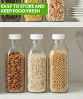 32 Oz Glass Milk And Juice Bottle Set With No Leak Airtight Screw Lid And Silicone Gasket holding dry goods on shelf