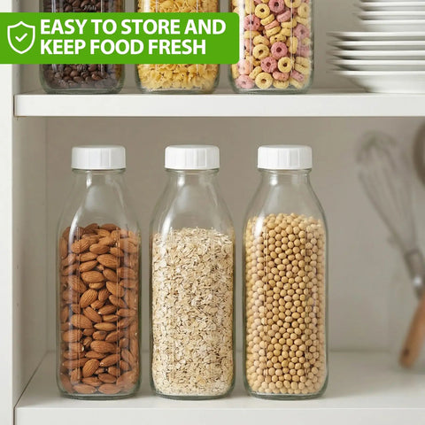 32 Oz Glass Milk And Juice Bottle Set With No Leak Airtight Screw Lid And Silicone Gasket holding dry goods on shelf