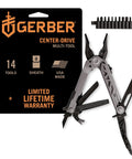 All-In-One Center-Drive Multitool Kit With 16-Piece Tool Set And 12-Piece Bit Set, Knife, Pliers, Wire Cutters, Bottle Opener, And Molle Sheath In Coyote Brown For Everyday Field Work package and tools displayed