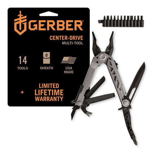 All-In-One Center-Drive Multitool Kit With 16-Piece Tool Set And 12-Piece Bit Set, Knife, Pliers, Wire Cutters, Bottle Opener, And Molle Sheath In Coyote Brown For Everyday Field Work package and tools displayed