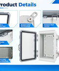 Tough As Nails Ip67 Waterproof Electrical Enclosure With Clear Gray Cover showing built-in water seal and lockable tab.