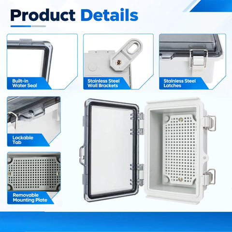 Tough As Nails Ip67 Waterproof Electrical Enclosure With Clear Gray Cover showing built-in water seal and lockable tab.