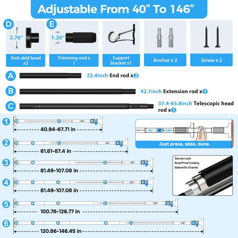 Components and dimensions of Heavy Duty Black Tension Curtain Rod No Drilling Adjustable 41 To 144 Inches With Rust Resistant Finish