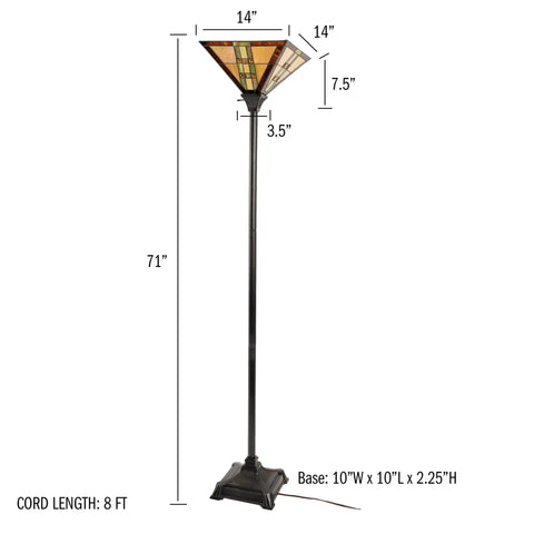 Tiffany Style Floor Lamp With Mission Design Handcrafted Stained Glass Torchiere Lighting LED Bulb Included, 71in tall
