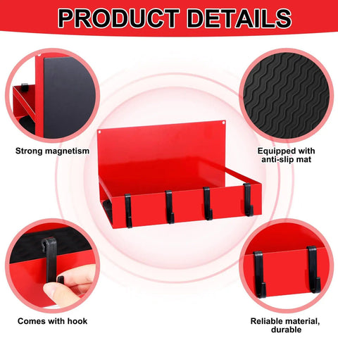 Magnetic Garage Organizer Set Three Pack With Heavy Duty Fridge Shelf Trays And Twelve Hooks, 20 Pound Capacity, Red details